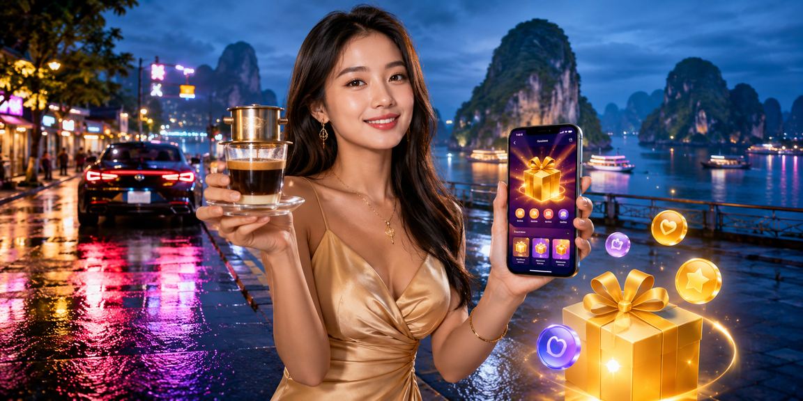 Người dùng thưởng thức cà phê view vịnh Hạ Long và trải nghiệm mobile casino x12